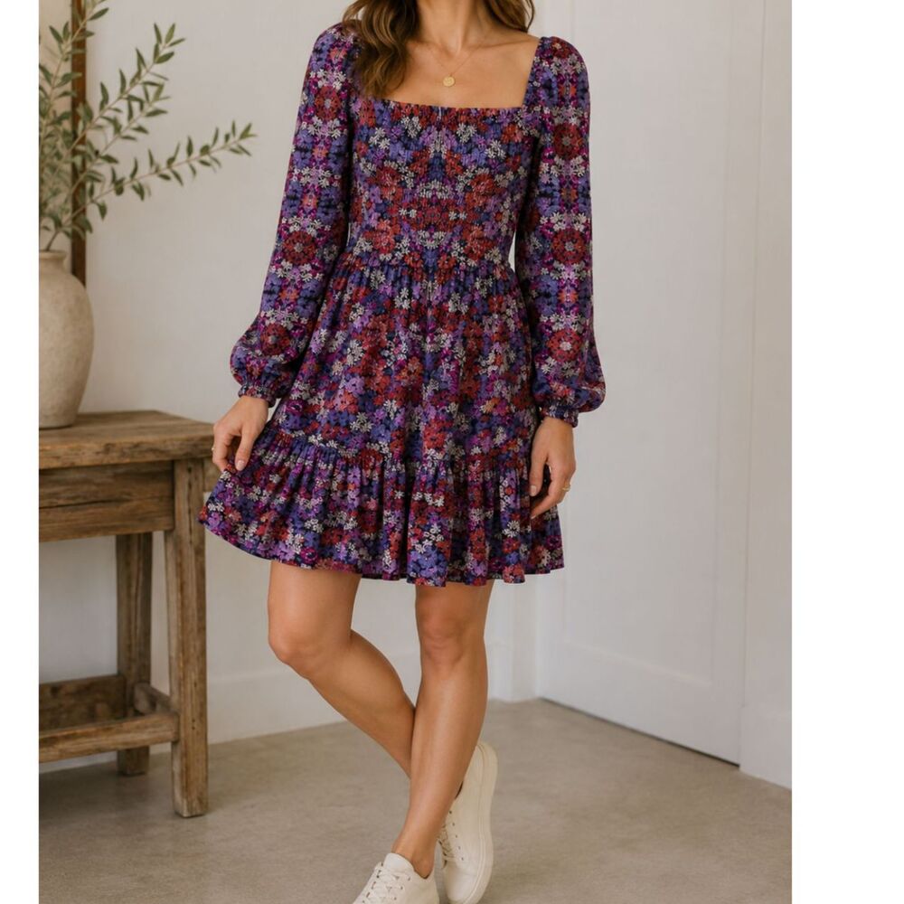 1. State Twilight Purple Floral Smocked Mini Dress S NWT Cottagecore Boho